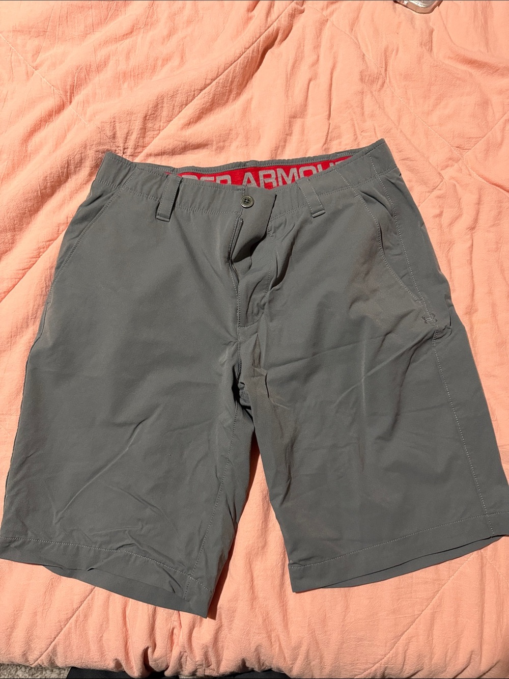 Under Armour Men's Gray Athletic Shorts with Red Waistband Accent